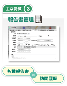 主な特徴3 報告書管理　各種報告書×訪問履歴